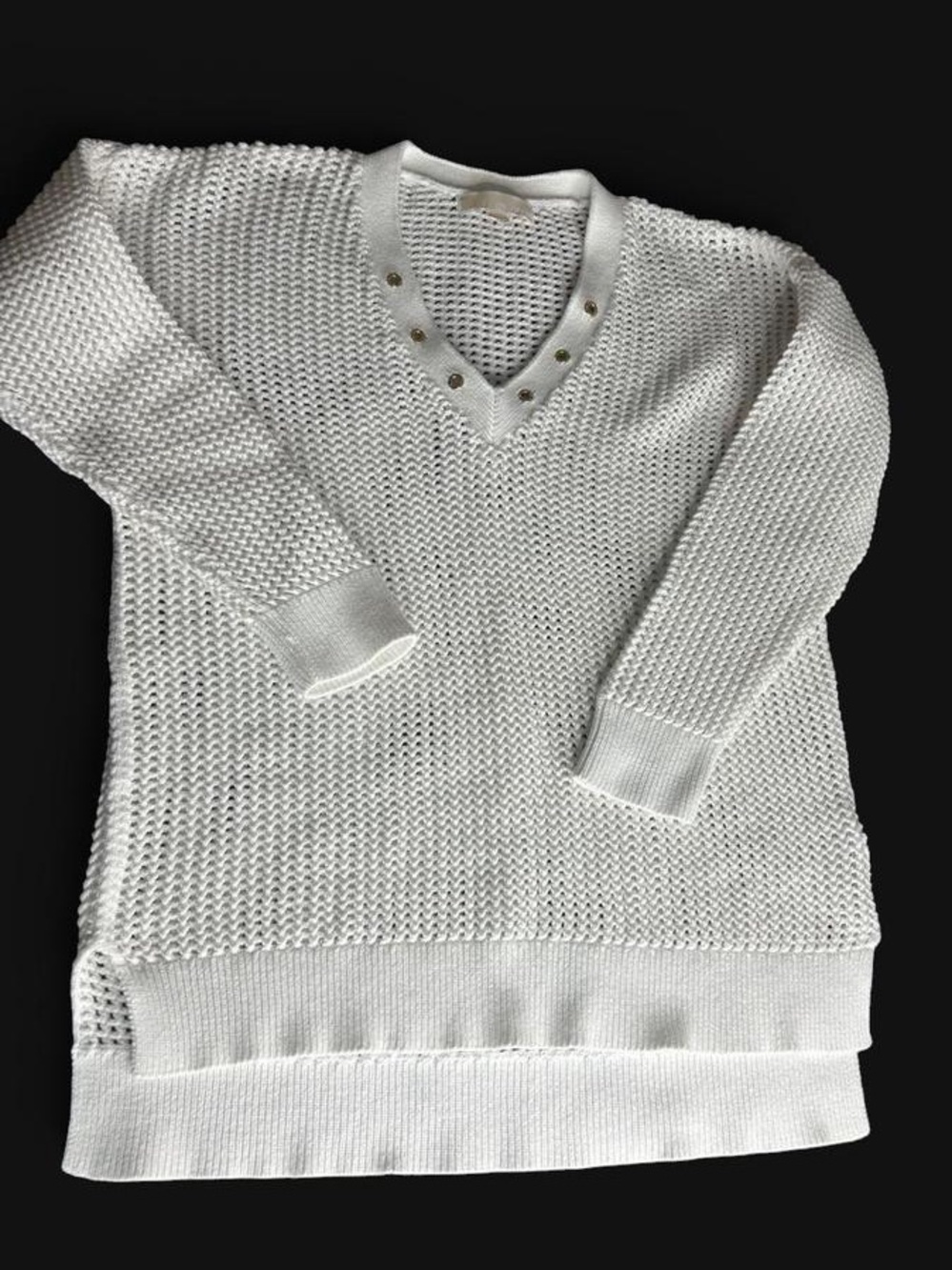 Michael Kors White Open Weave Stretch Cotton V-Neck Knit Sweater with Grommets